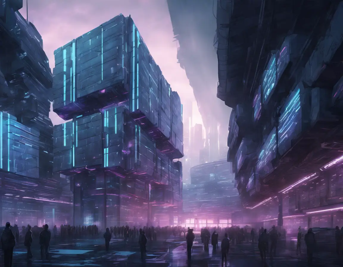 Massive data warehouse building in a cyber punk city